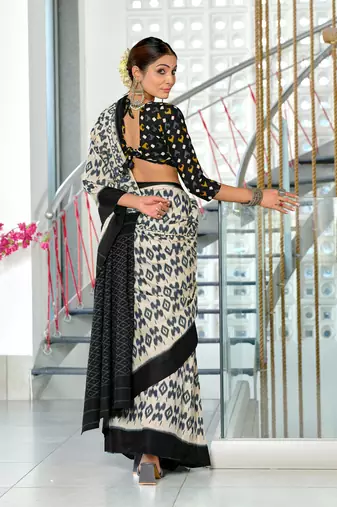 Black soft cotton block print saree with unstitched blouse piece