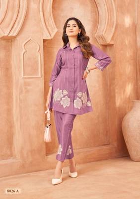 Purple embroidered viscose rayon darika orchid co ord sets 1