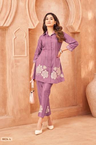 Purple embroidered viscose rayon darika orchid co ord sets