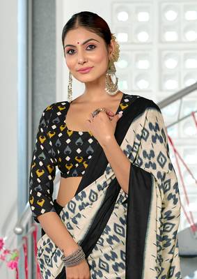 Black soft cotton block print saree with unstitched blouse piece 4