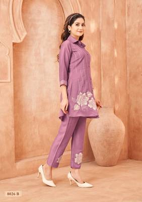 Purple embroidered viscose rayon darika orchid co ord sets 2
