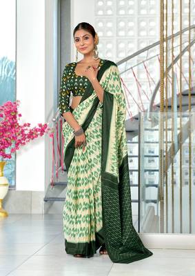 Green soft cotton block print saree with unstitched blouse piece 1