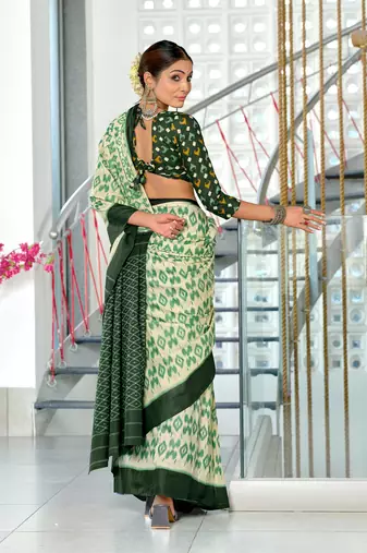 Green soft cotton block print saree with unstitched blouse piece