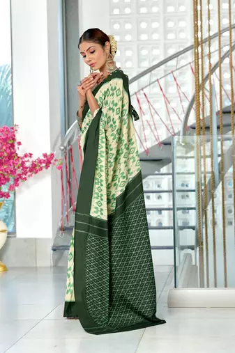 Green soft cotton block print saree with unstitched blouse piece