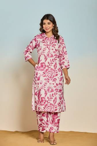 Red printed blended cotton elixir rose co ord sets