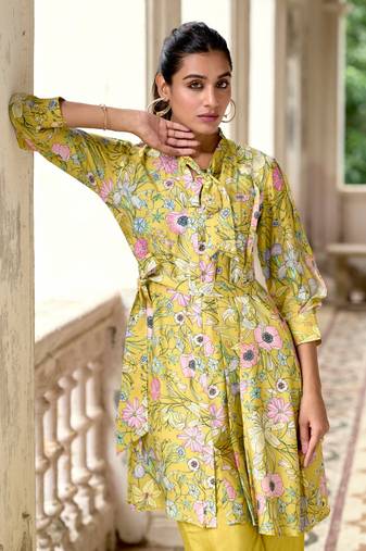 Yellow printed silk blend shervin yellow co ord sets