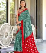 Teal soft cotton block print saree with unstitched blouse piece