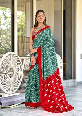 Teal soft cotton block print saree with unstitched blouse piece 2