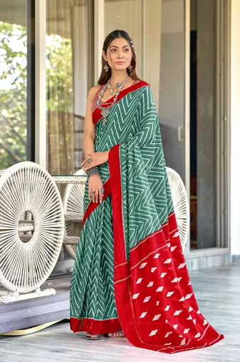 Teal soft cotton block print saree with unstitched blouse piece