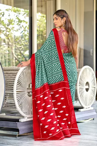 Teal soft cotton block print saree with unstitched blouse piece