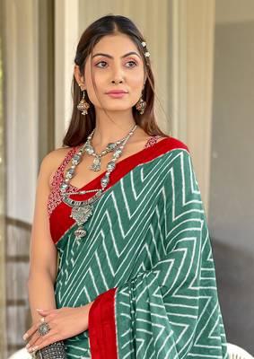 Teal soft cotton block print saree with unstitched blouse piece 4