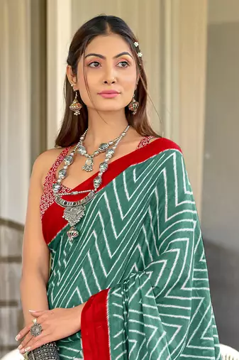 Teal soft cotton block print saree with unstitched blouse piece