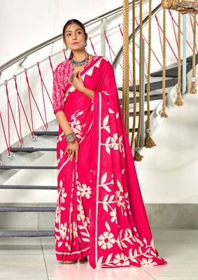 Pink soft cotton block print saree with unstitched blouse piece 1