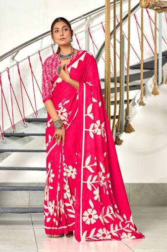 Pink soft cotton block print saree with unstitched blouse piece