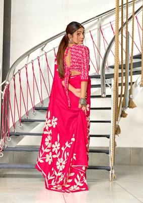 Pink soft cotton block print saree with unstitched blouse piece 2