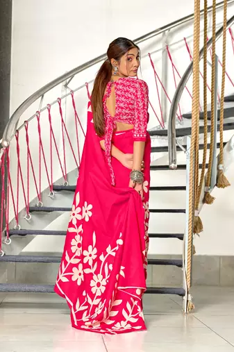 Pink soft cotton block print saree with unstitched blouse piece