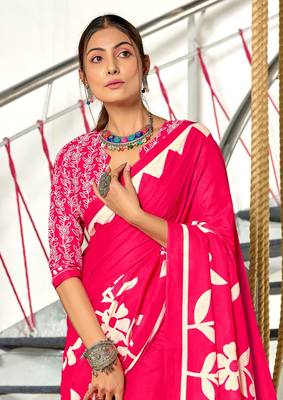 Pink soft cotton block print saree with unstitched blouse piece 4