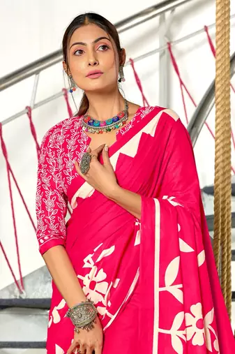 Pink soft cotton block print saree with unstitched blouse piece