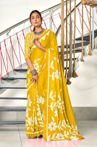 Yellow soft cotton block print saree with unstitched blouse piece