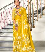 Yellow soft cotton block print saree with unstitched blouse piece