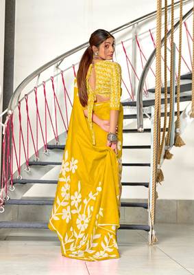 Yellow soft cotton block print saree with unstitched blouse piece 3