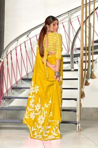 Yellow soft cotton block print saree with unstitched blouse piece
