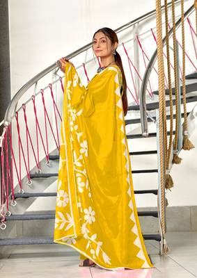 Yellow soft cotton block print saree with unstitched blouse piece 4