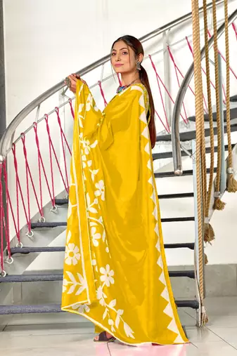 Yellow soft cotton block print saree with unstitched blouse piece