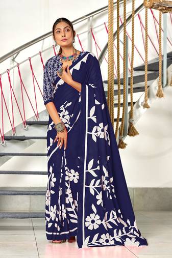 Navy blue soft cotton block print saree with unstitched blouse piece