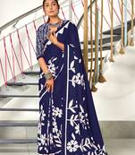 Navy blue soft cotton block print saree with unstitched blouse piece