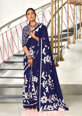 Navy blue soft cotton block print saree with unstitched blouse piece 2