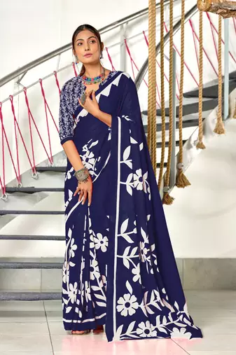 Navy blue soft cotton block print saree with unstitched blouse piece