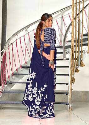 Navy blue soft cotton block print saree with unstitched blouse piece 3