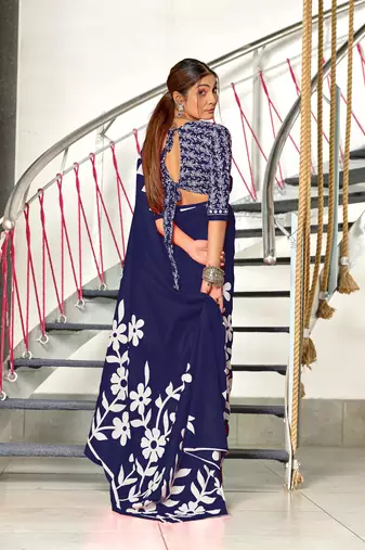 Navy blue soft cotton block print saree with unstitched blouse piece