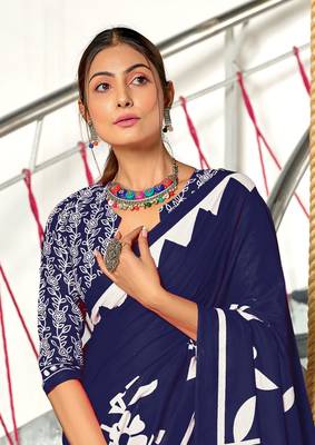 Navy blue soft cotton block print saree with unstitched blouse piece 4