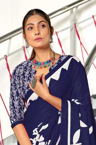 Navy blue soft cotton block print saree with unstitched blouse piece