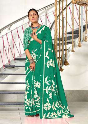 Teal soft cotton block print saree with unstitched blouse piece 1