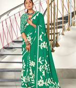 Teal soft cotton block print saree with unstitched blouse piece