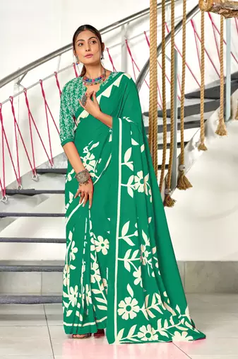 Teal soft cotton block print saree with unstitched blouse piece