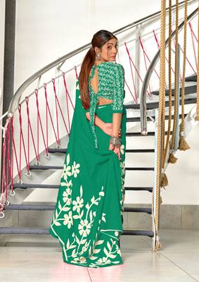 Teal soft cotton block print saree with unstitched blouse piece 3