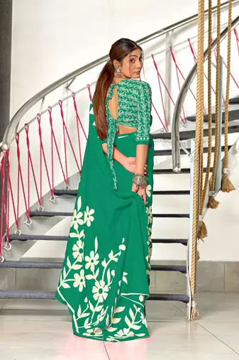 Teal soft cotton block print saree with unstitched blouse piece