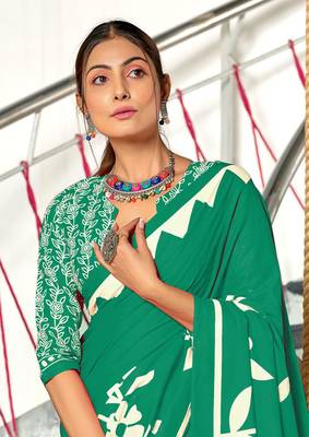 Teal soft cotton block print saree with unstitched blouse piece 4