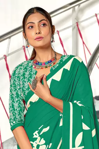 Teal soft cotton block print saree with unstitched blouse piece