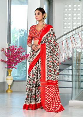 orange soft cotton block print saree with unstitched blouse piece 1