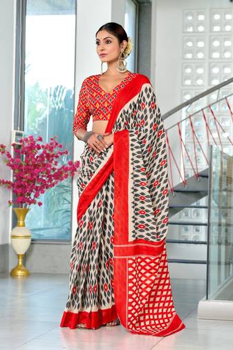 orange soft cotton block print saree with unstitched blouse piece
