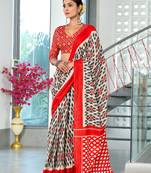 orange soft cotton block print saree with unstitched blouse piece