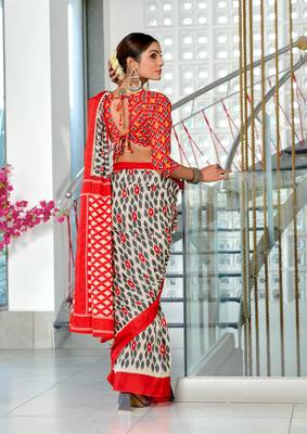 orange soft cotton block print saree with unstitched blouse piece 2
