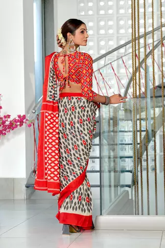 orange soft cotton block print saree with unstitched blouse piece