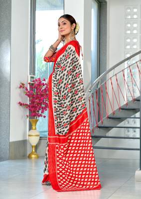 orange soft cotton block print saree with unstitched blouse piece 3