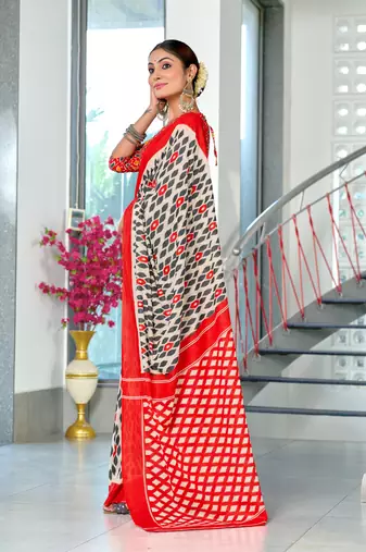orange soft cotton block print saree with unstitched blouse piece